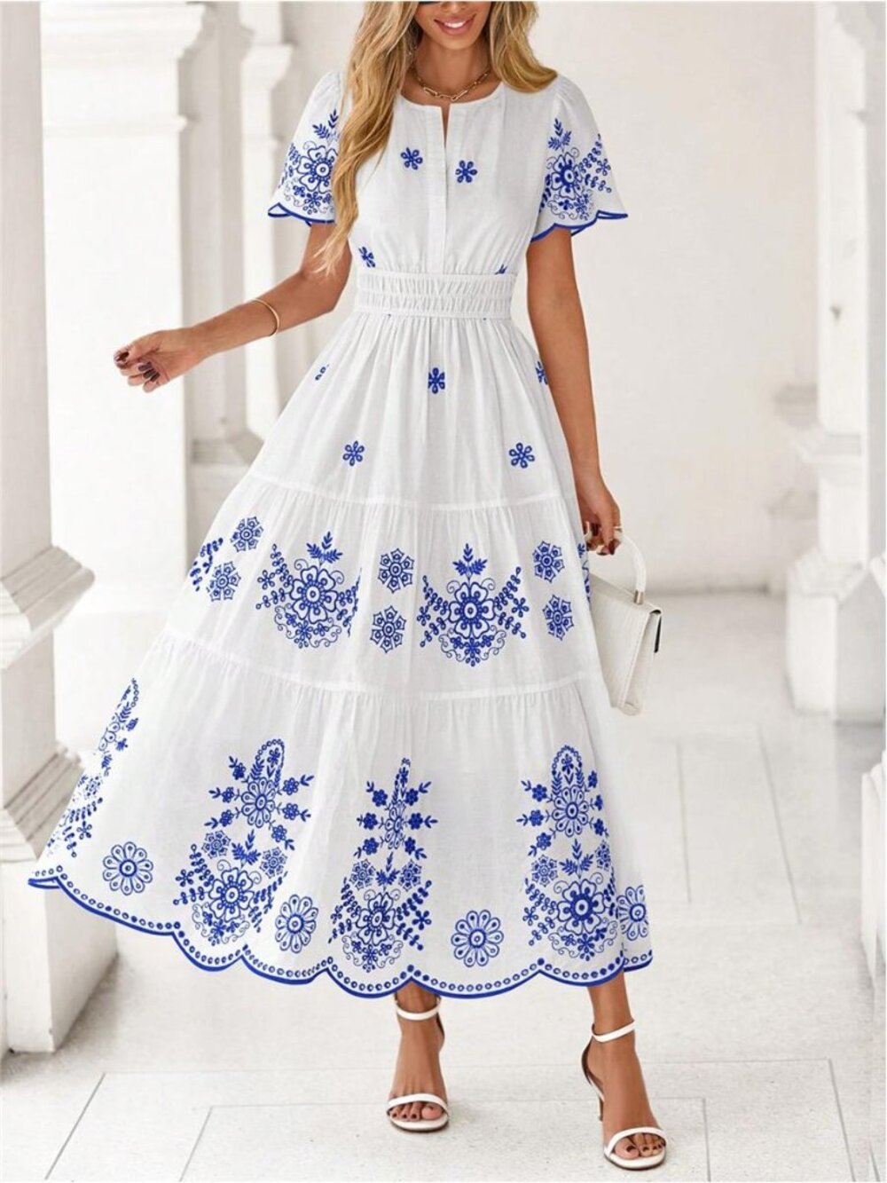 NEW - Blue & White Boho Embroidered Maxi Dress with Pockets - Picture 5 of 7